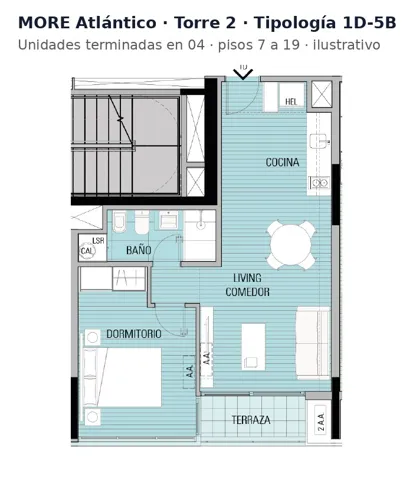 Floor plan, unit type 1D-5B at More Atlántico, tower 2