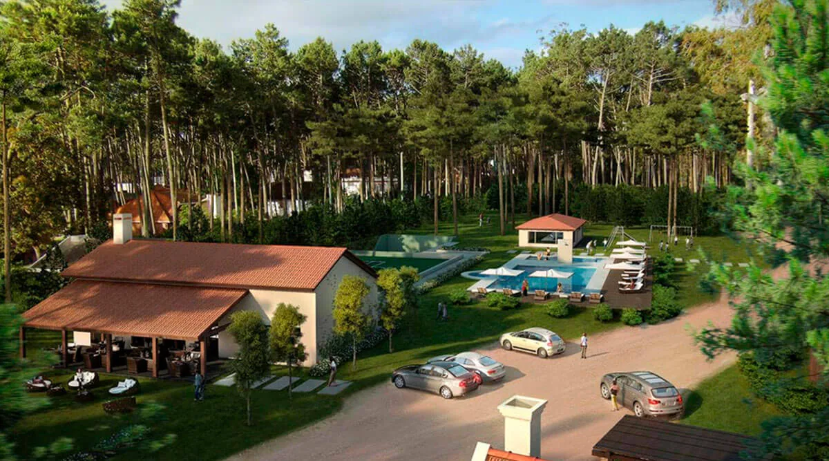 Render del club house con la piscina