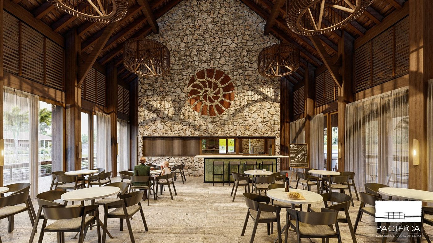 Render del restaurante del club, con la chimenea de piedra y el mural