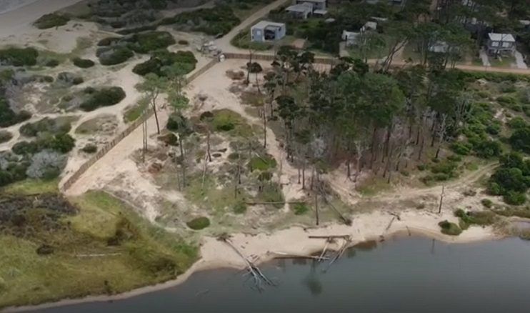 Aérea de la faja costera del predio, con el cerco perimetral