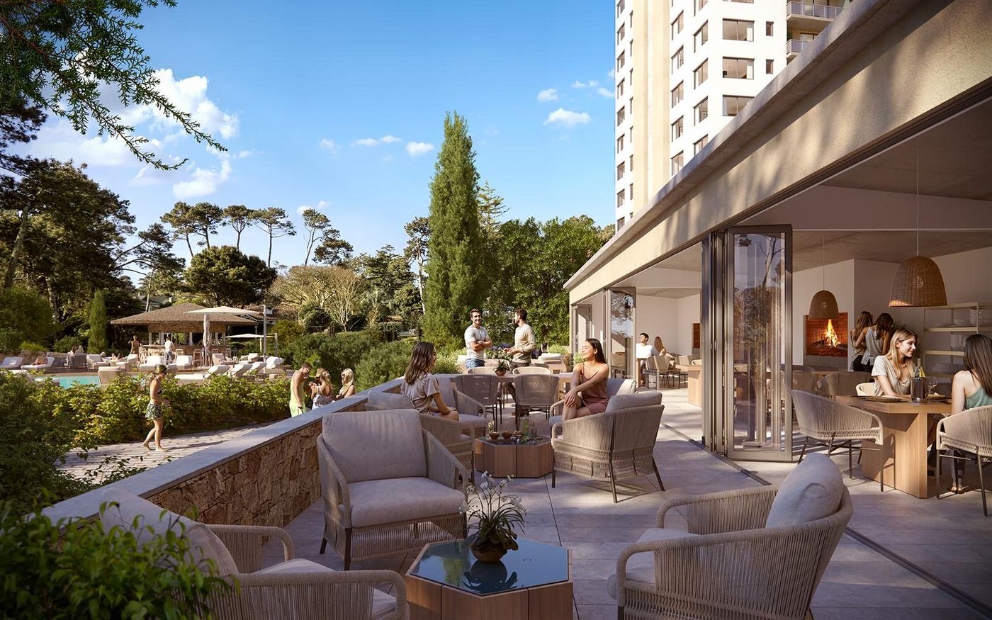 Render de la terraza gastronómica con living exterior y la torre detrás