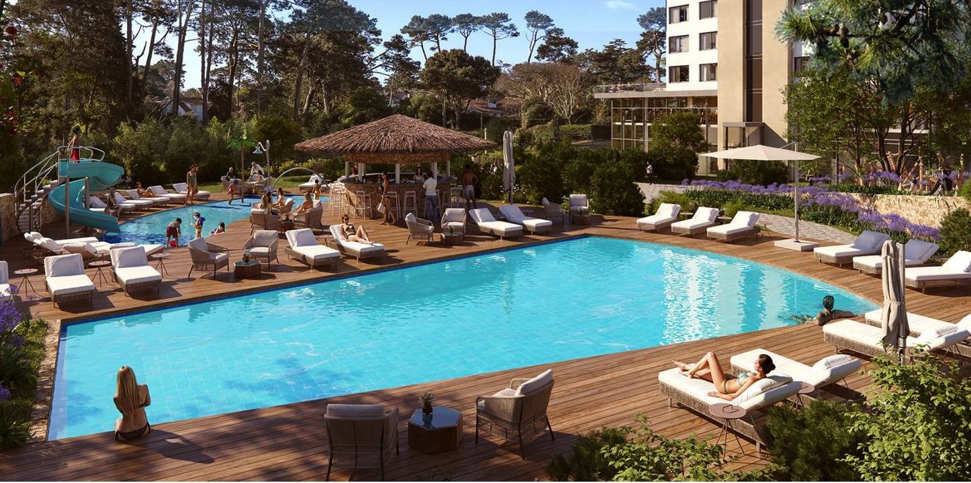 Render de la piscina exterior con toboganes, bar y solárium entre los pinos