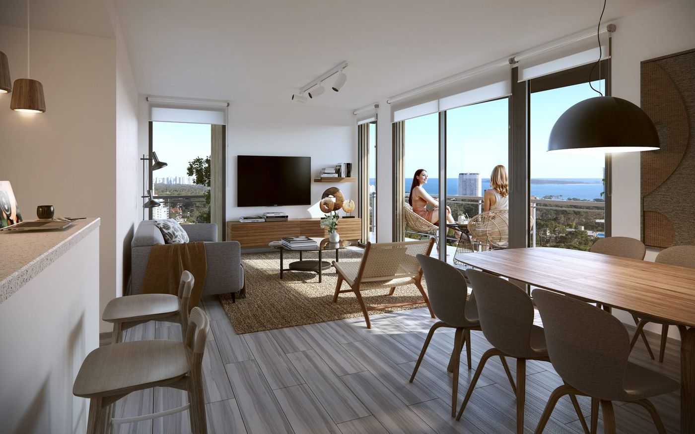 Render del living comedor de una unidad, con balcón y mar de fondo