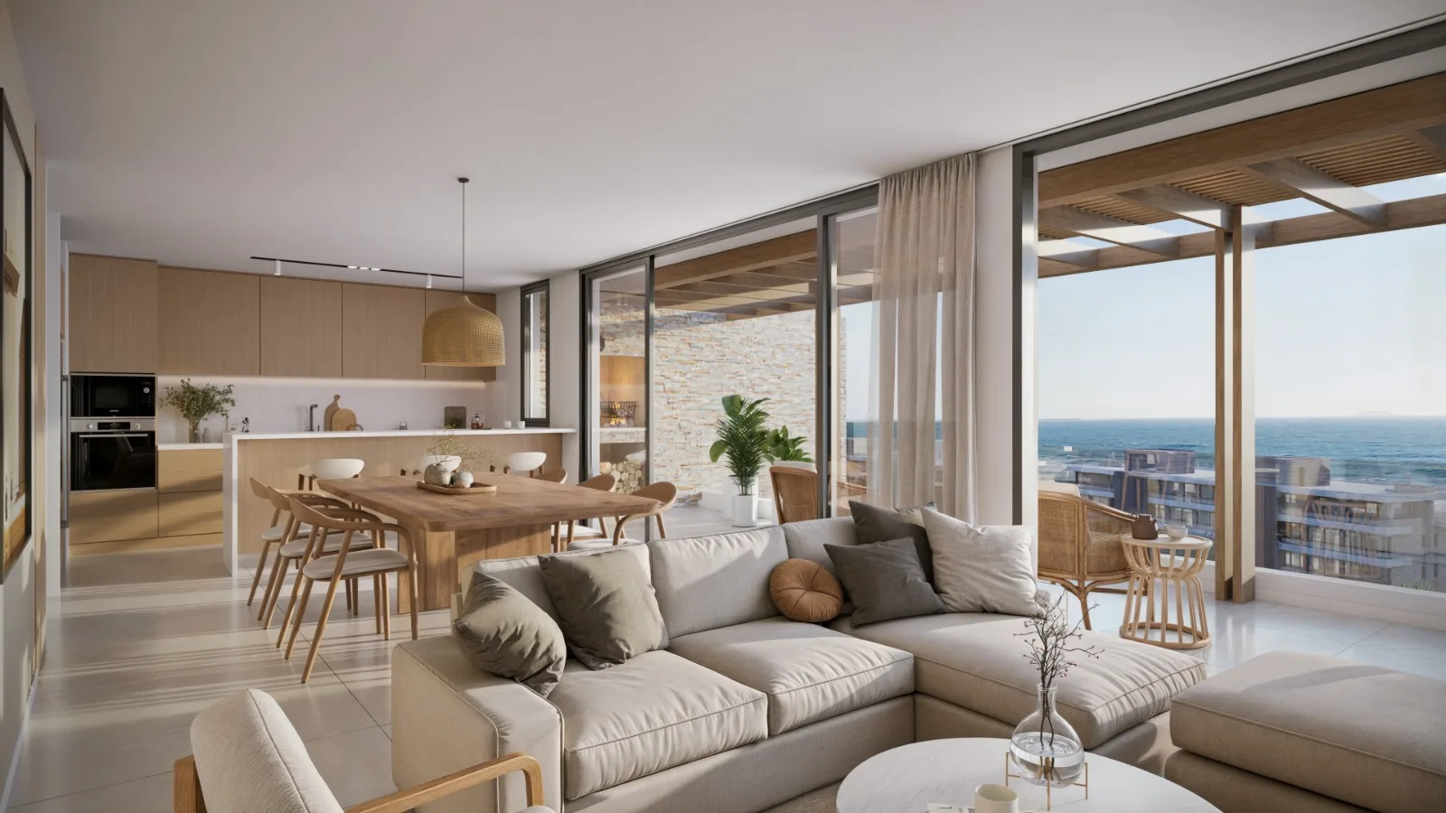 Living-dining room with integrated kitchen and floor-to-ceiling windows to the sea
