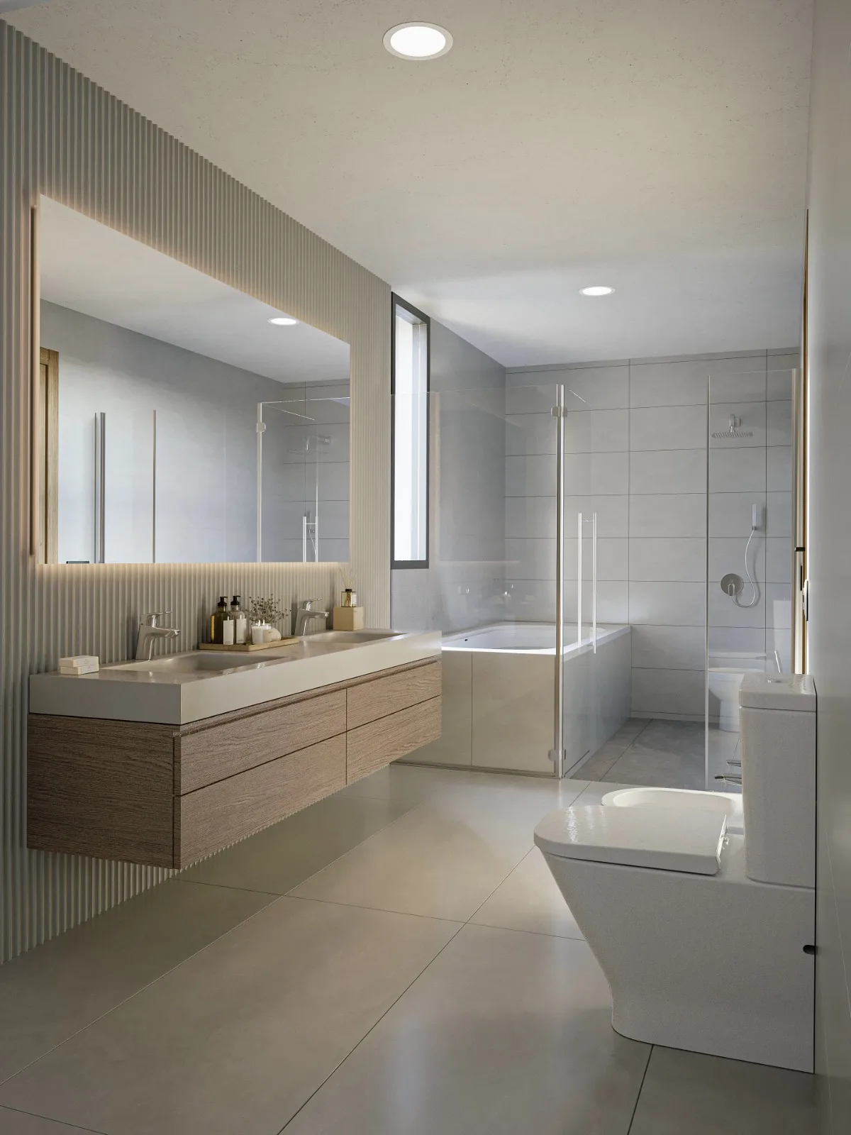 En-suite bathroom with double vanity, tub and shower