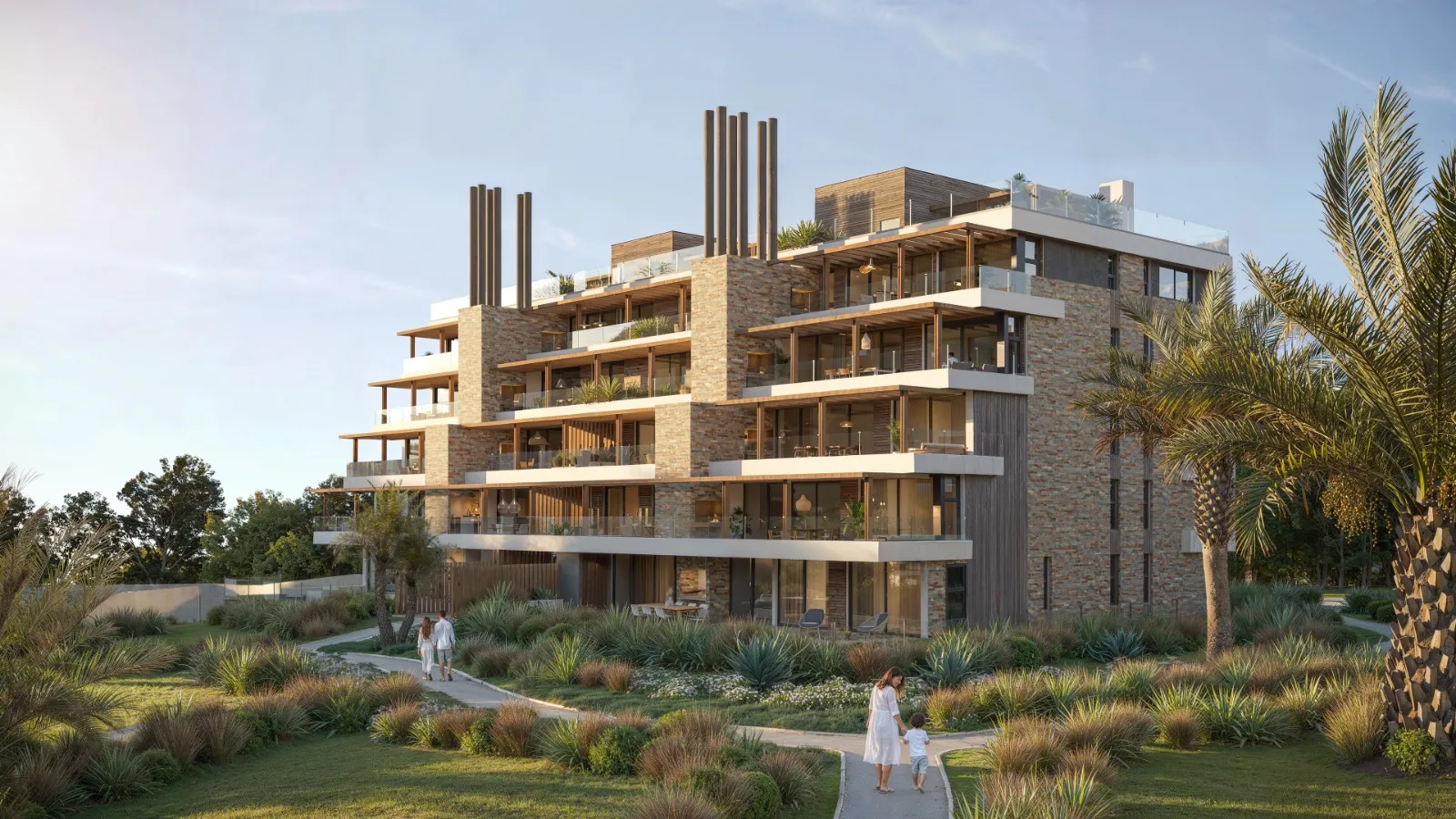 New-stage building, with stone, wood and stepped terraces