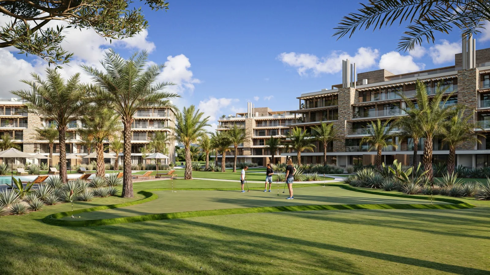 Mini-golf and gardens with palm trees among the buildings