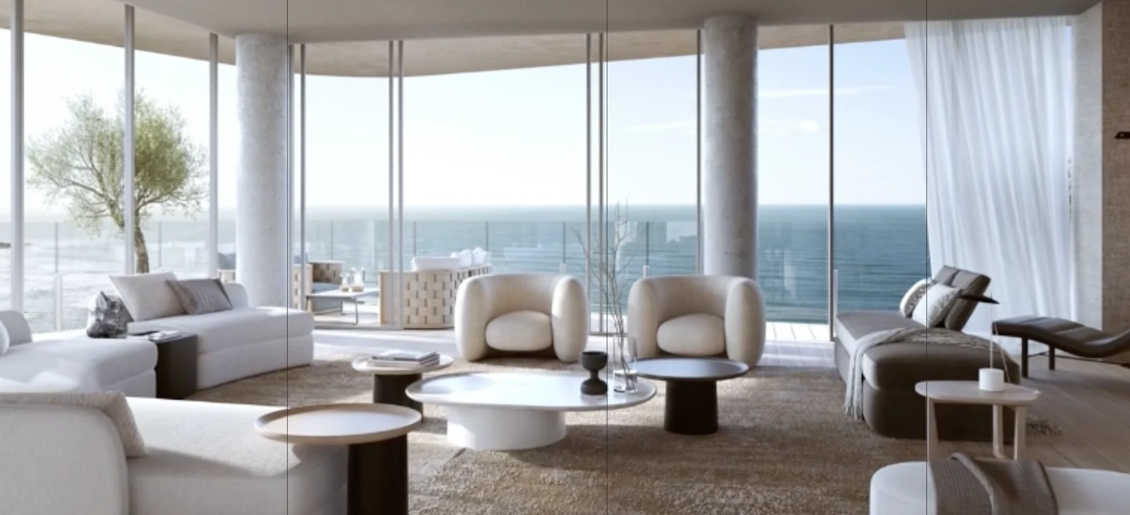 Render of the Surfside Elleva living room with floor-to-ceiling windows and a sea view