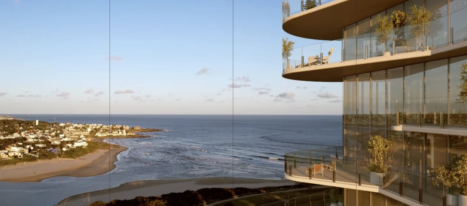 Render of the façade of Surfside Elleva with curved balconies over the beach