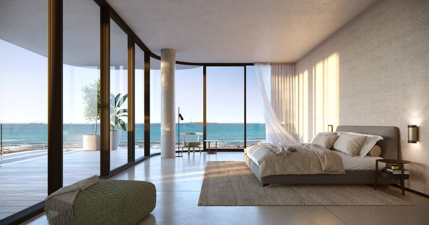Render del dormitorio principal con ventanal curvo y terraza al mar