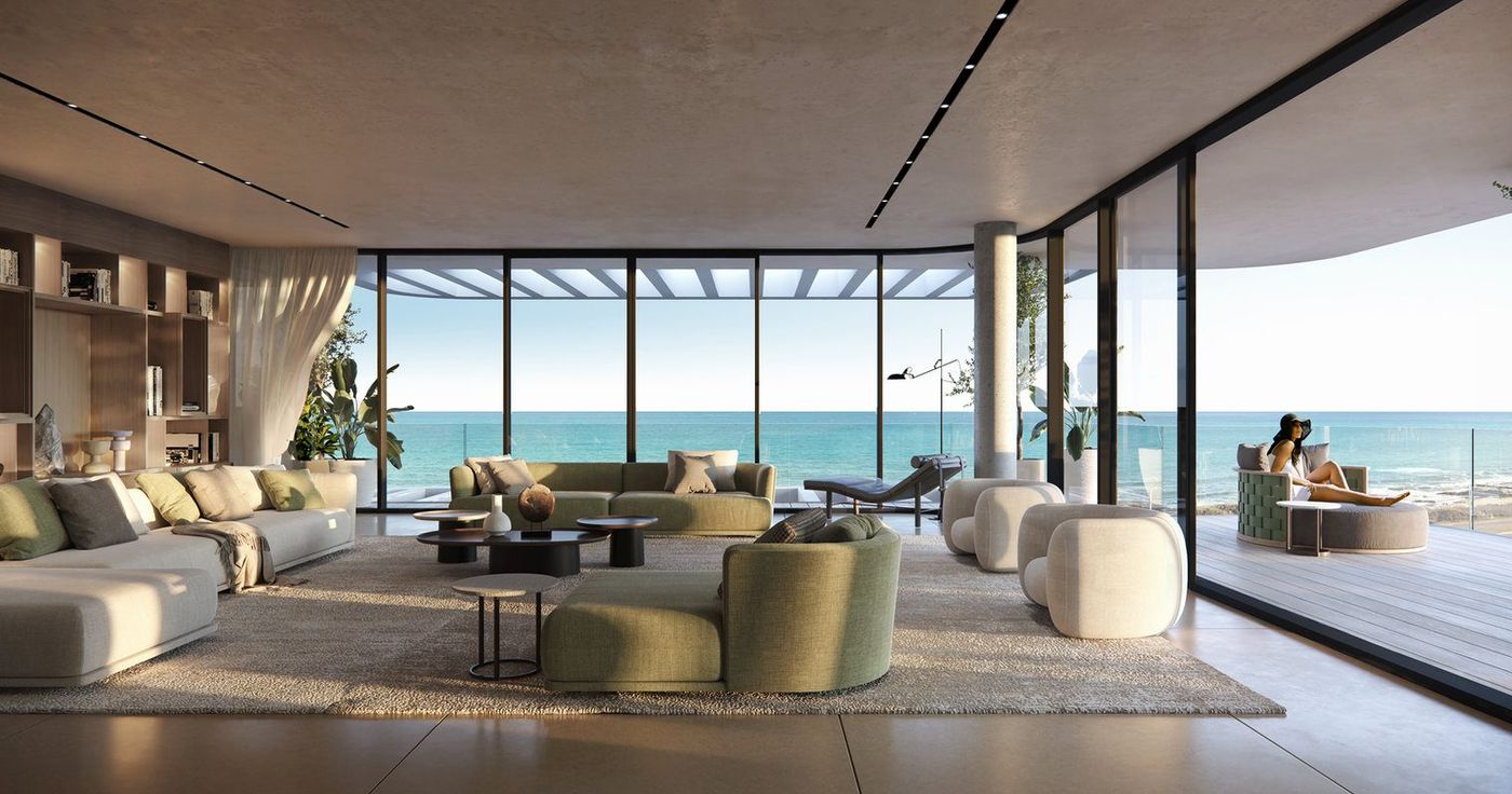 Render del living de gran formato abierto a la terraza, con vista al mar
