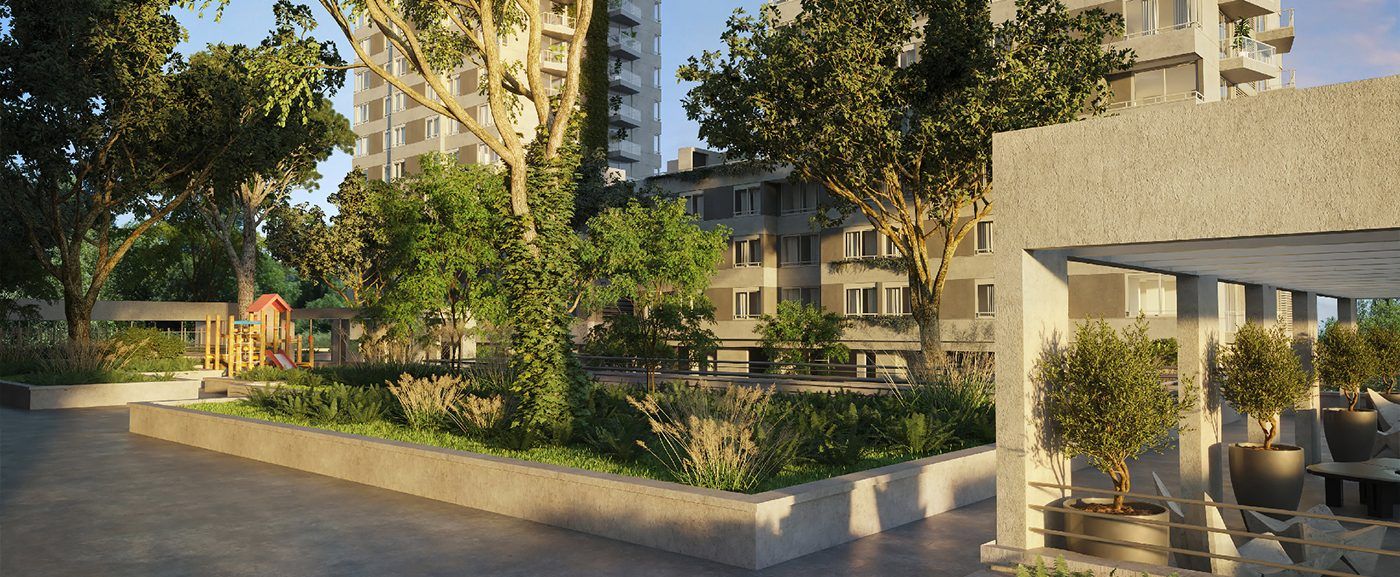 Render del jardín central parquizado, con juegos infantiles y pérgola