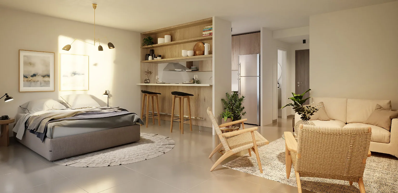 Render interior de un monoambiente, con cocina y living