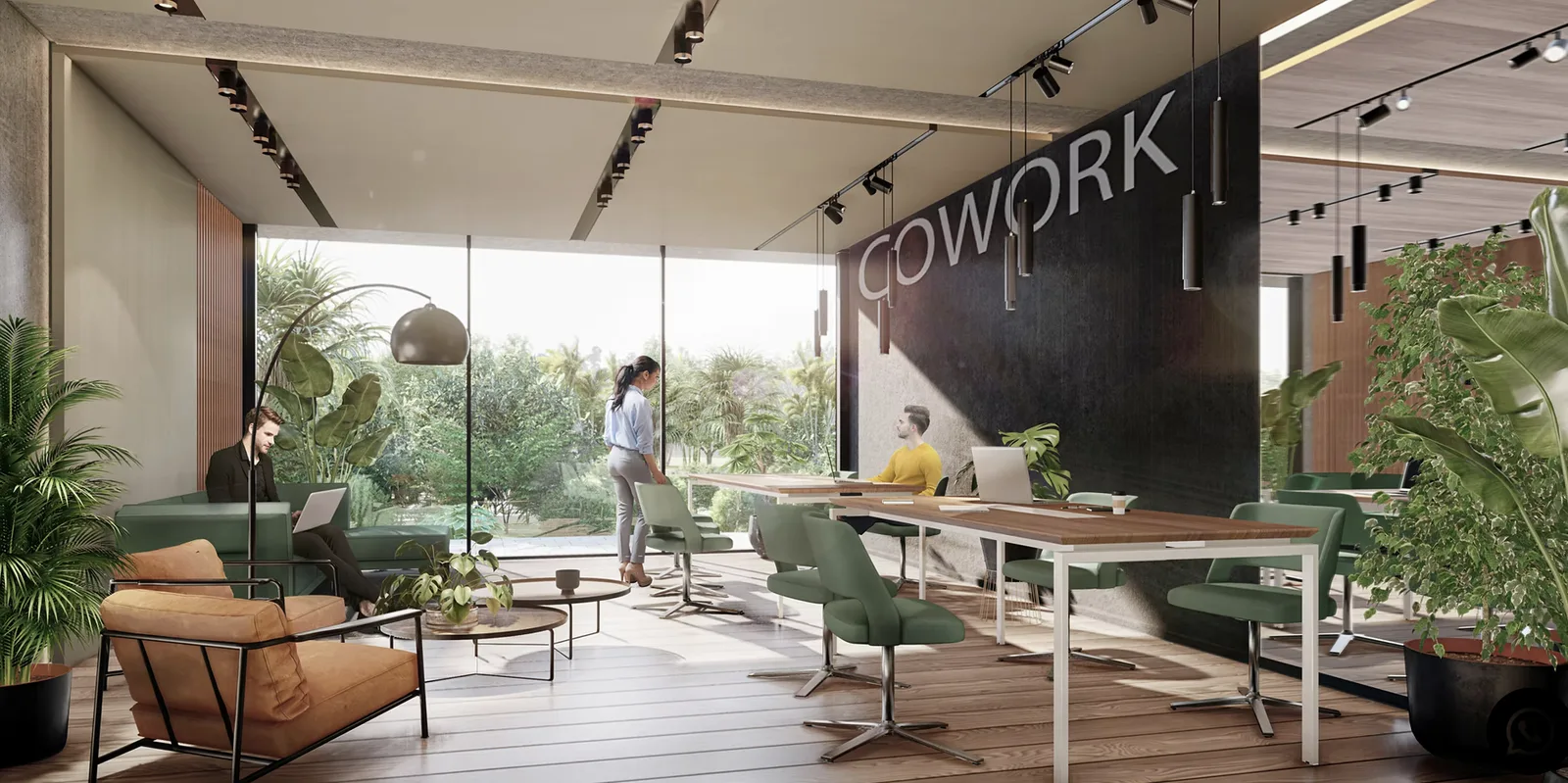 Espacio de cowork de Torres del Este con vista al parque