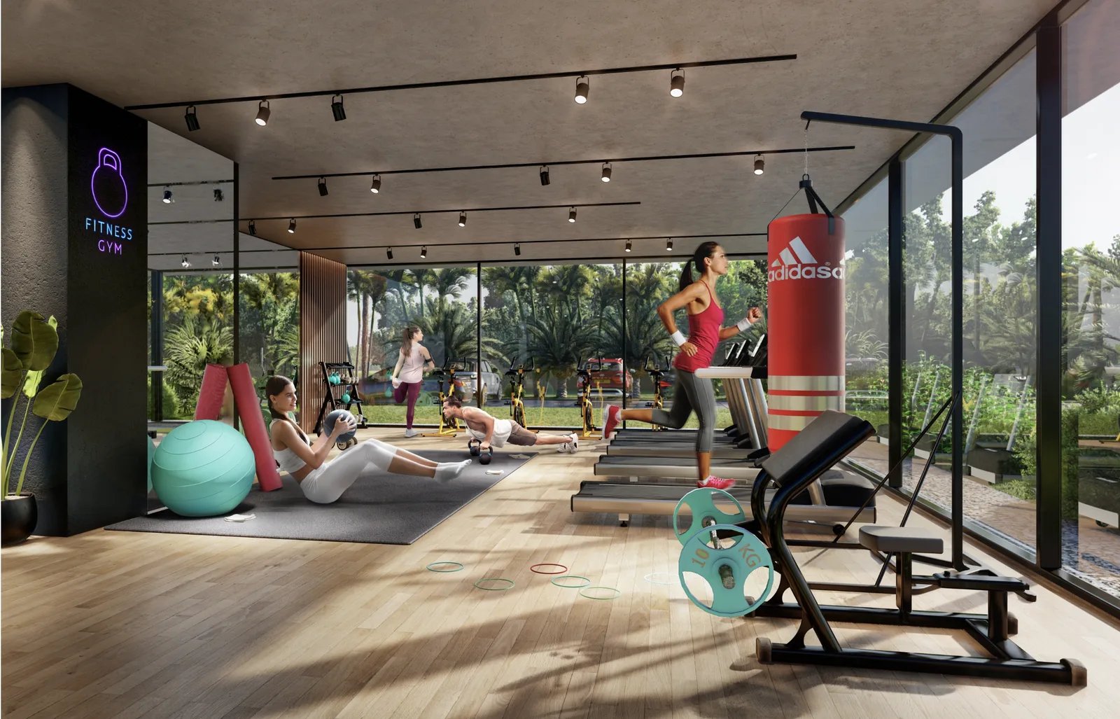 Gimnasio de Torres del Este con equipamiento completo y vista al verde
