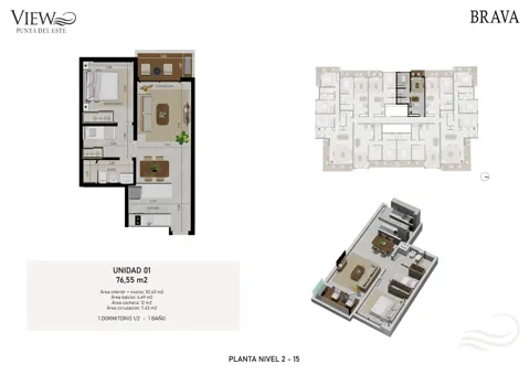 Plano View Brava — Unidad 01 · 1 dormitorio y medio (pisos 2 a 15)