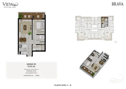 Plano View Brava — Unidad 02 · 1 dormitorio y medio (pisos 2 a 15)