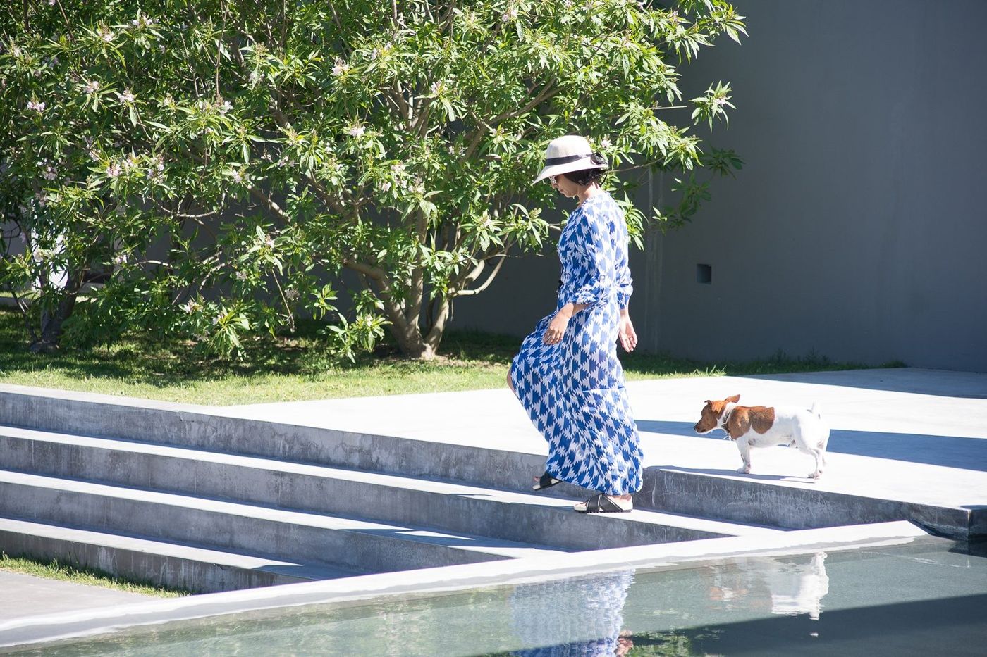 Mujer con vestido y perro subiendo los escalones junto al espejo de agua