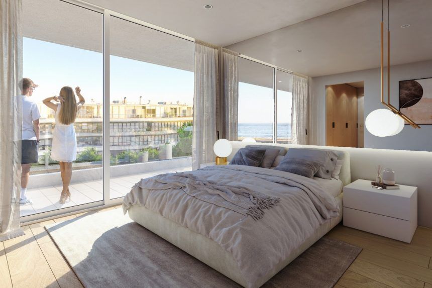 Render de dormitorio con terraza al patio central y el mar al fondo