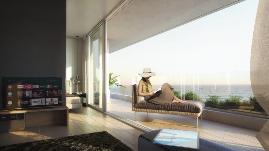Render de una suite con la terraza y el mar