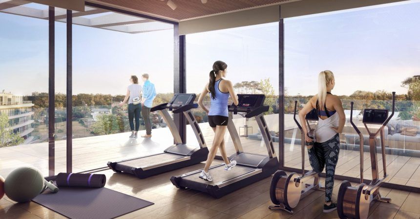 Render del gimnasio vidriado con deck exterior