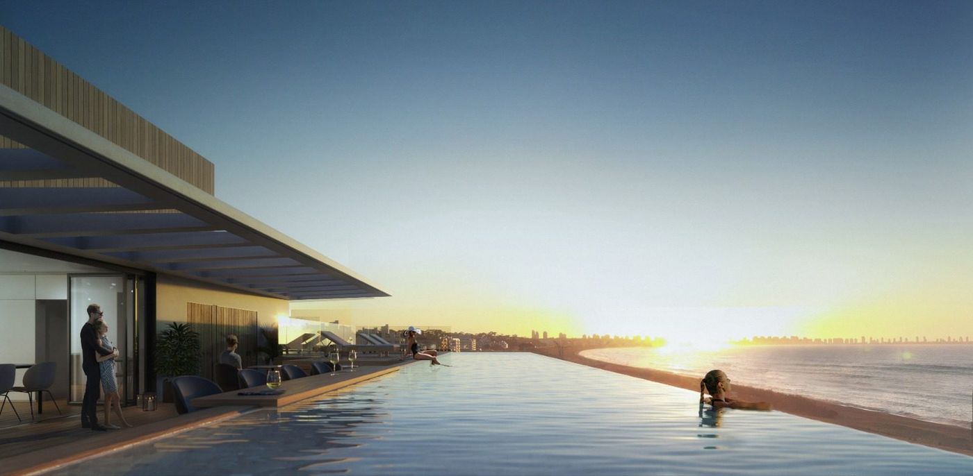 Render del rooftop de Walmer Lagoon, con piscina infinita al atardecer y la costa