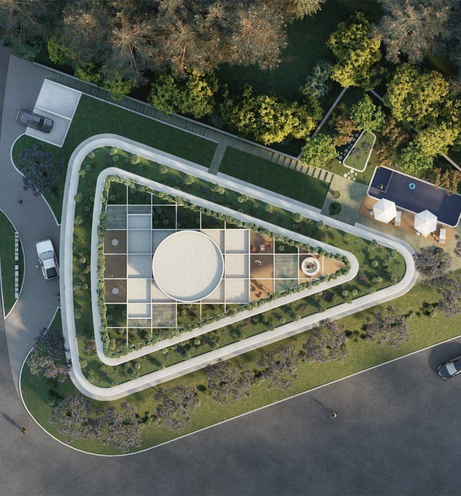 Cenital del volumen triangular con el rooftop y la piscina