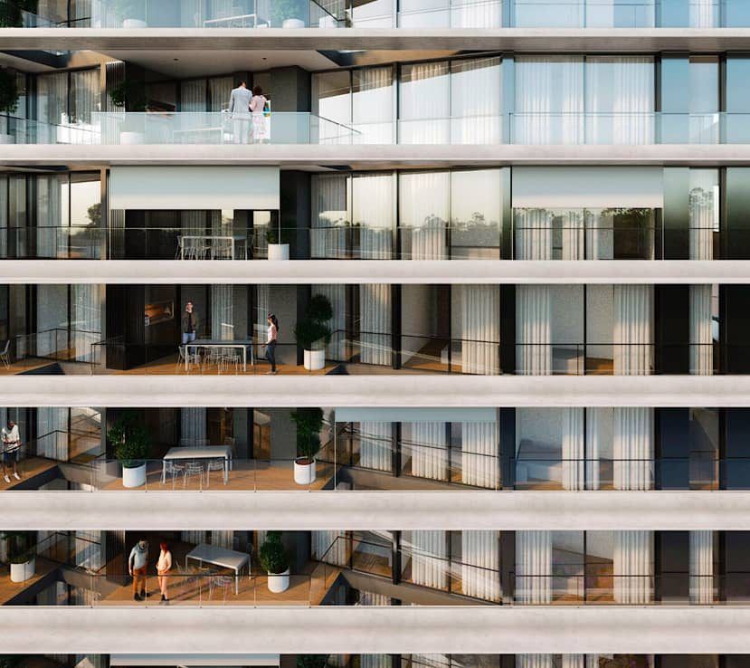 Detalle de la fachada, con las terrazas escalonadas habitadas