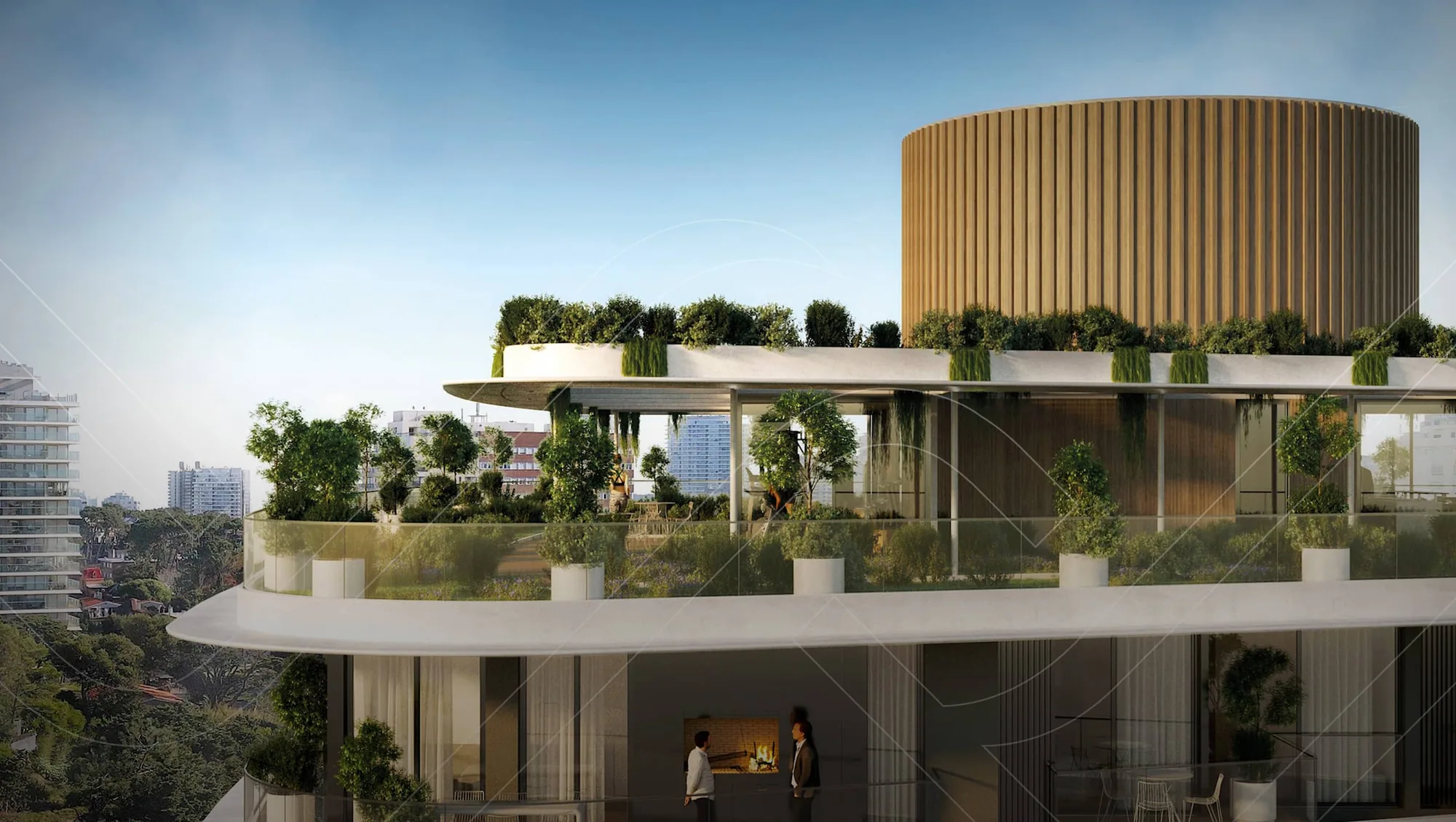 Render del rooftop con el tambor de madera y las terrazas verdes