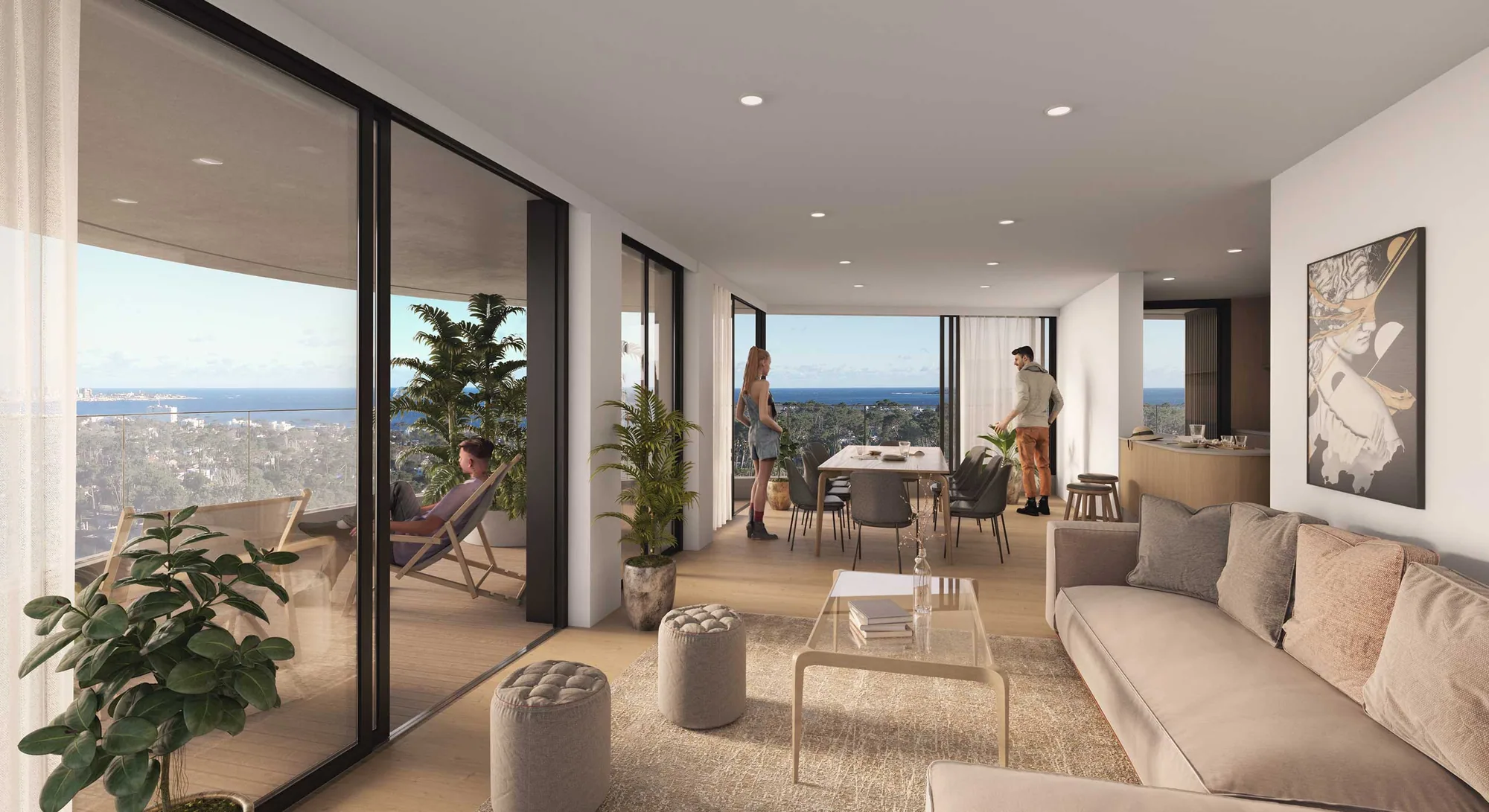Render del living comedor de Wave Roosevelt, con la terraza y el mar de fondo