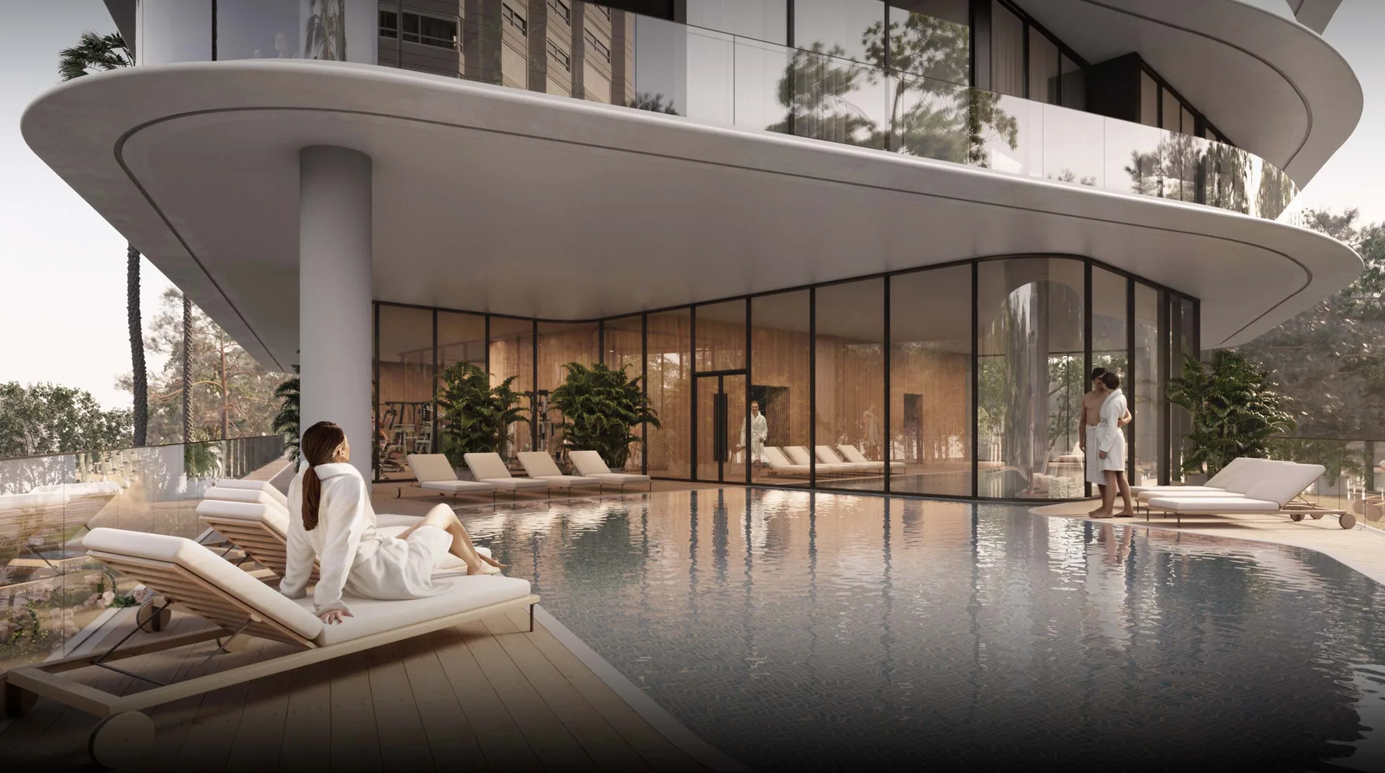 Render de la piscina exterior con deck y el gimnasio detrás del vidrio