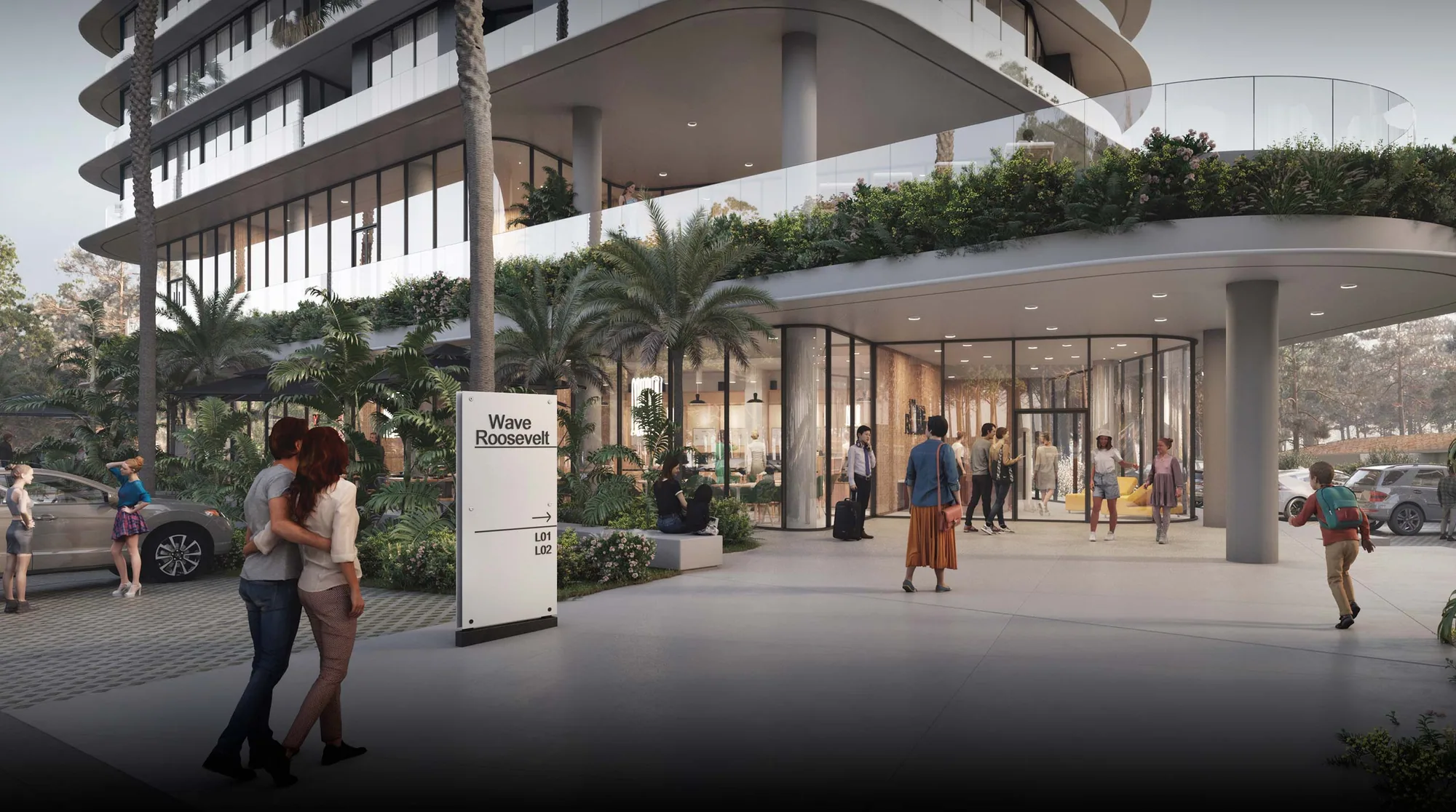 Render del acceso peatonal con el tótem del edificio y el lobby vidriado