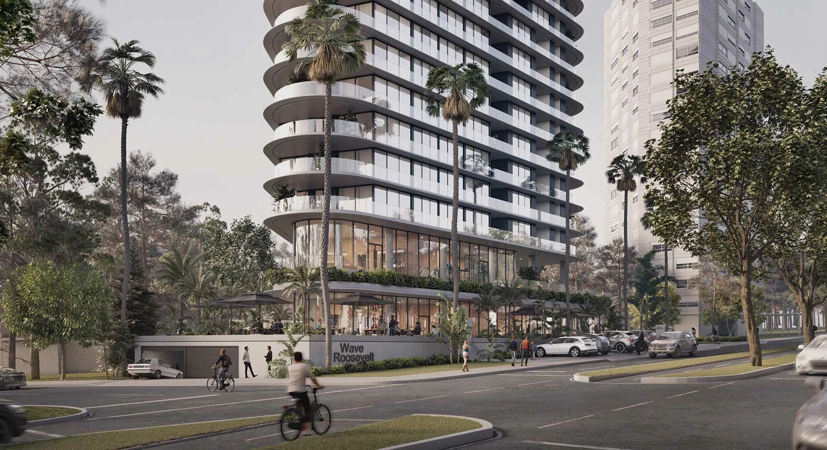 Render de la torre desde la vereda de enfrente, con la terraza gastronómica
