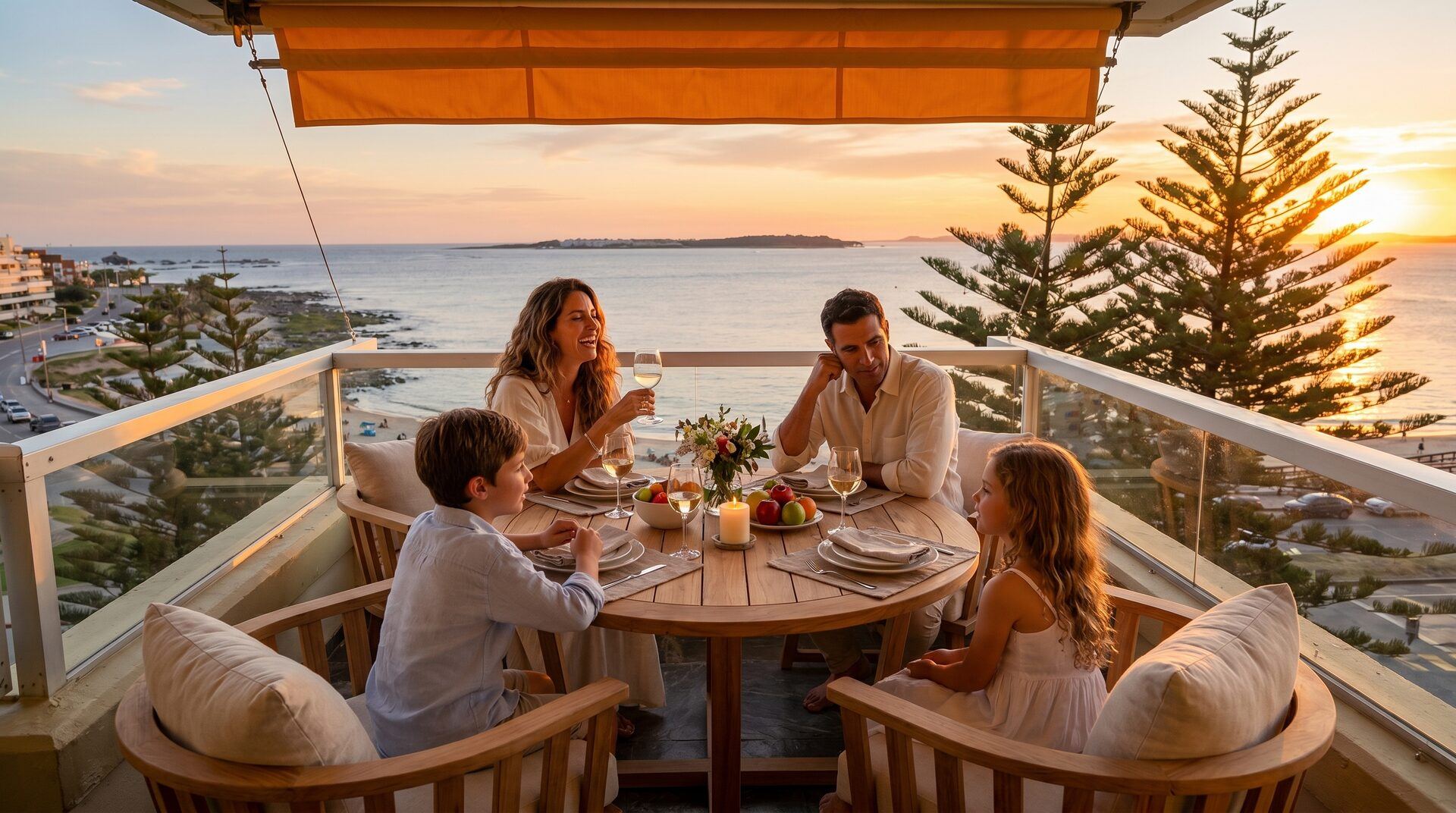 Familia cenando en un balcón frente al mar en Punta del Este al atardecer
