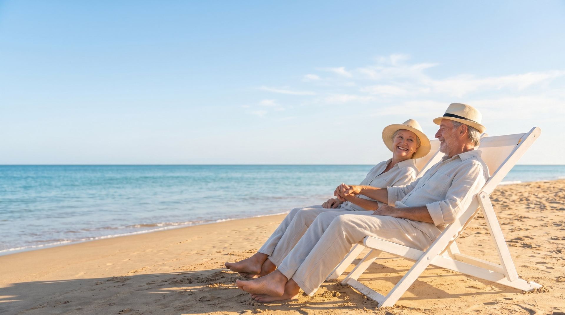 Pareja mayor descansando en reposeras frente al mar en Punta del Este