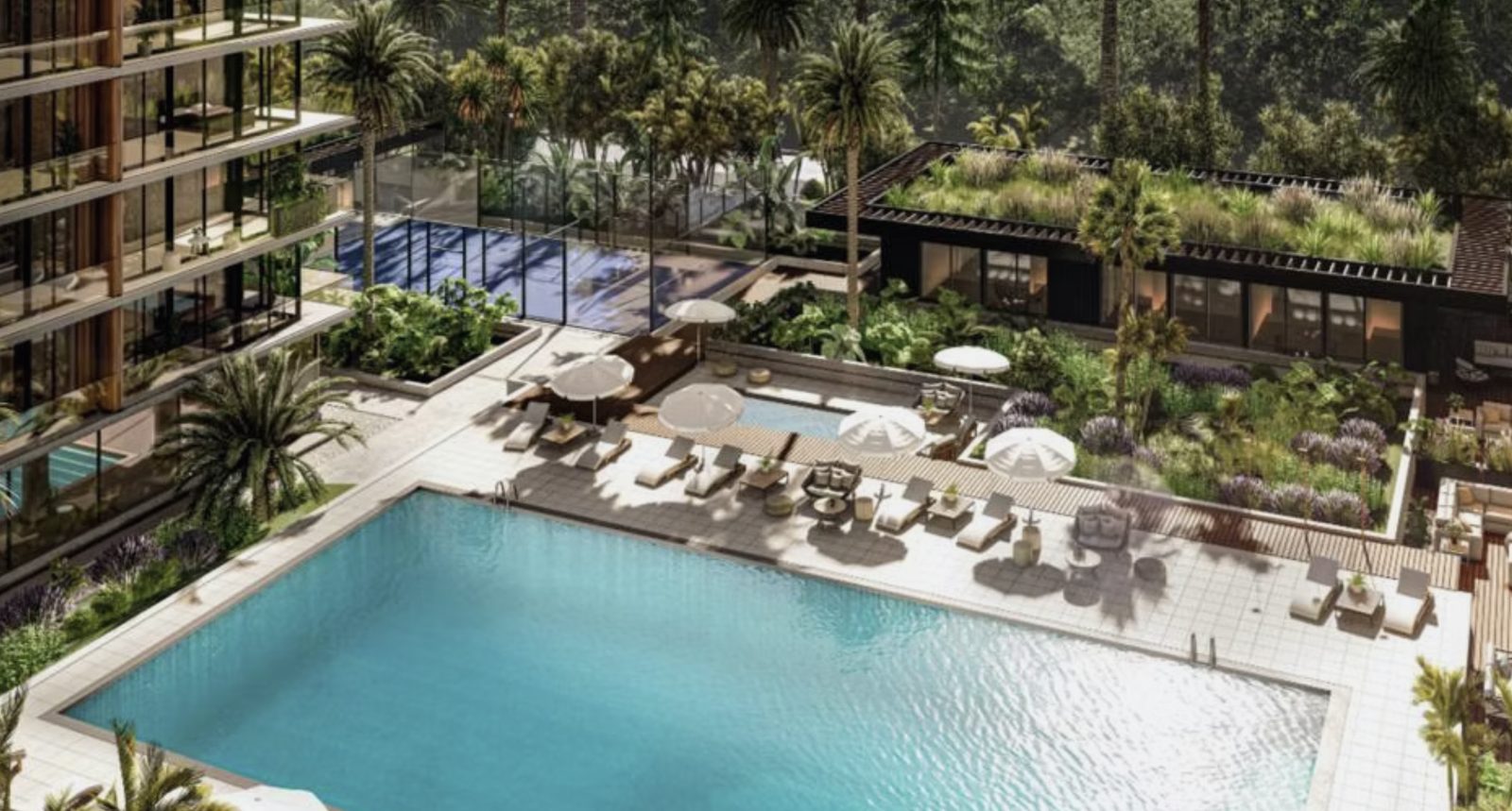 Piscina e jardins de uma torre com amenities em Punta del Este (render)